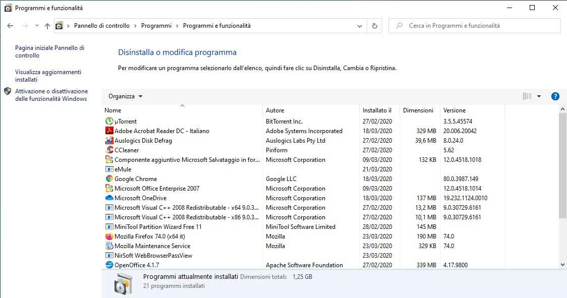 come disinstallare programmi su windows