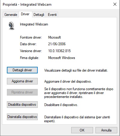 come ripristinare driver della webcam